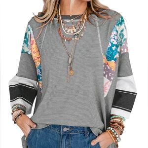 Boho Patchwork Long Sleeve Top - Gray